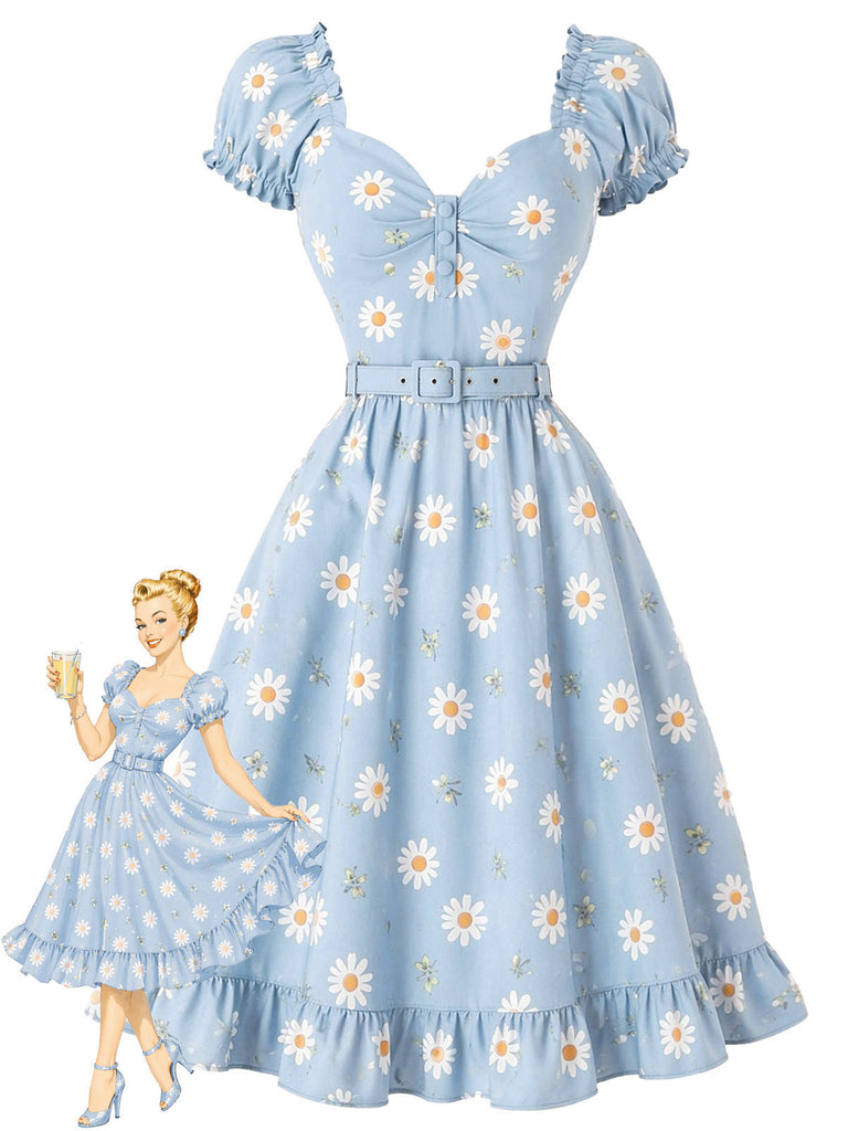 Light Blue 1950s Daisy Floral Sweetheart Neck Dress, vintage dress, retro fashion, rockabilly, pin-up fashion - perfect for women who love vintage and retro fashion