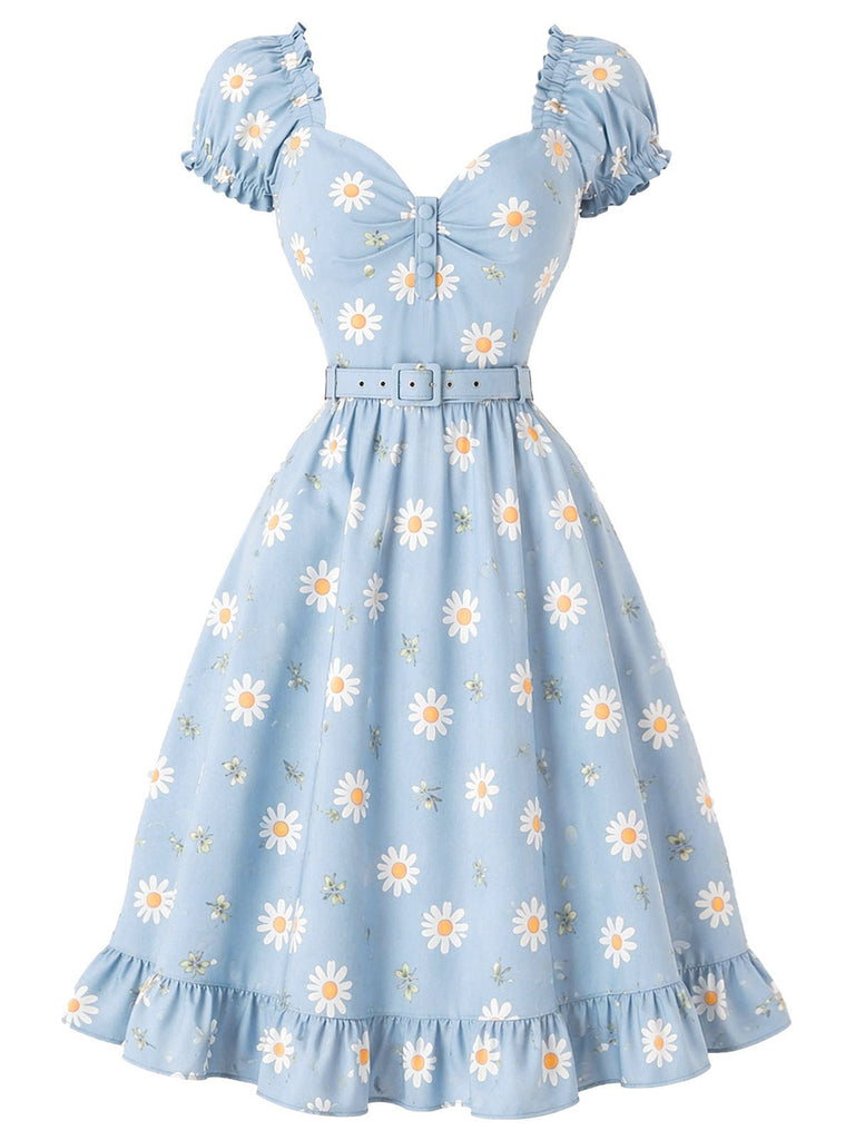 Light Blue 1950s Daisy Floral Sweetheart Neck Dress, vintage dress, retro fashion, rockabilly, pin-up fashion - perfect for women who love vintage and retro fashion