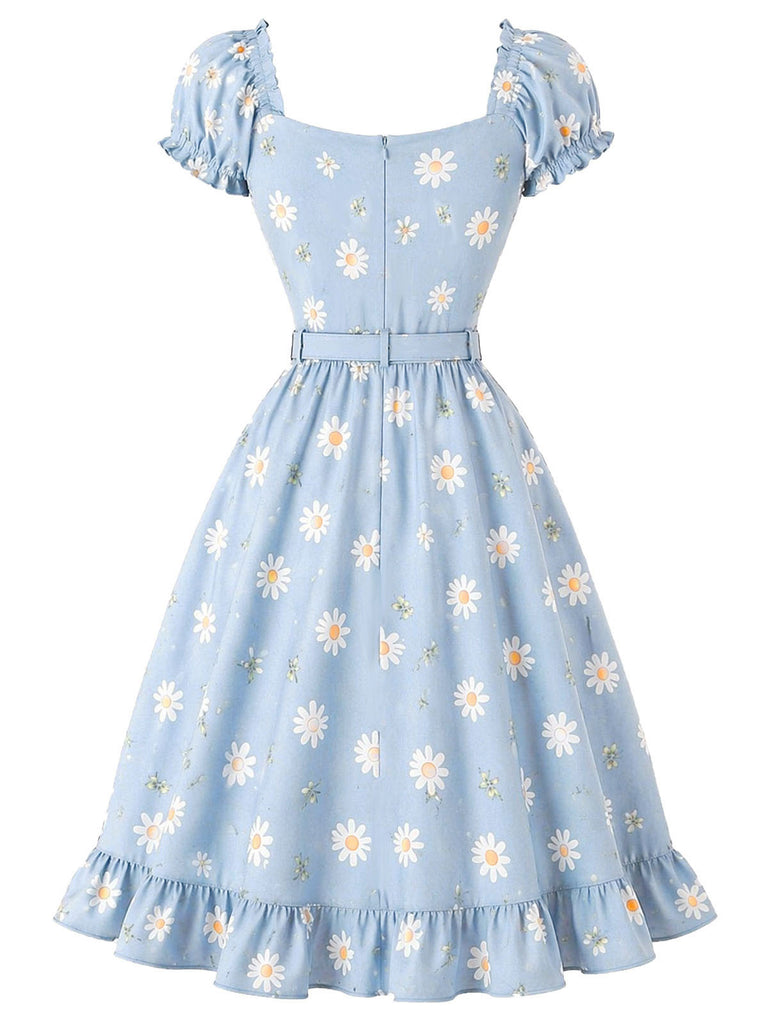 Light Blue 1950s Daisy Floral Sweetheart Neck Dress, vintage dress, retro fashion, rockabilly, pin-up fashion - perfect for women who love vintage and retro fashion