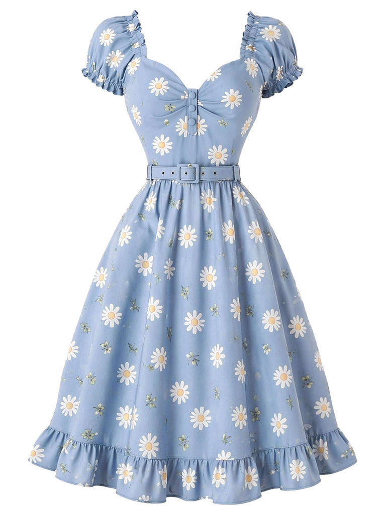 light blue vintage dress Pre-Sale] 1950s Daisy Floral Sweetheart Neck 2cm differences due to manual measurement A-line Blue Off-the-shoulder Long Prom