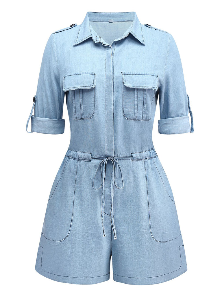Light Blue 1950s Denim Button Lapel Romper - vintage jumpsuit, retro fashion