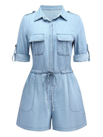 Light Blue 1950s Denim Button Lapel Romper - vintage jumpsuit, retro fashion