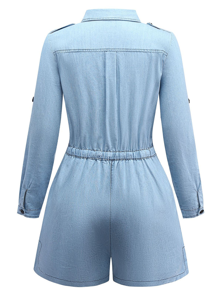 Light Blue 1950s Denim Button Lapel Romper - vintage jumpsuit, retro fashion