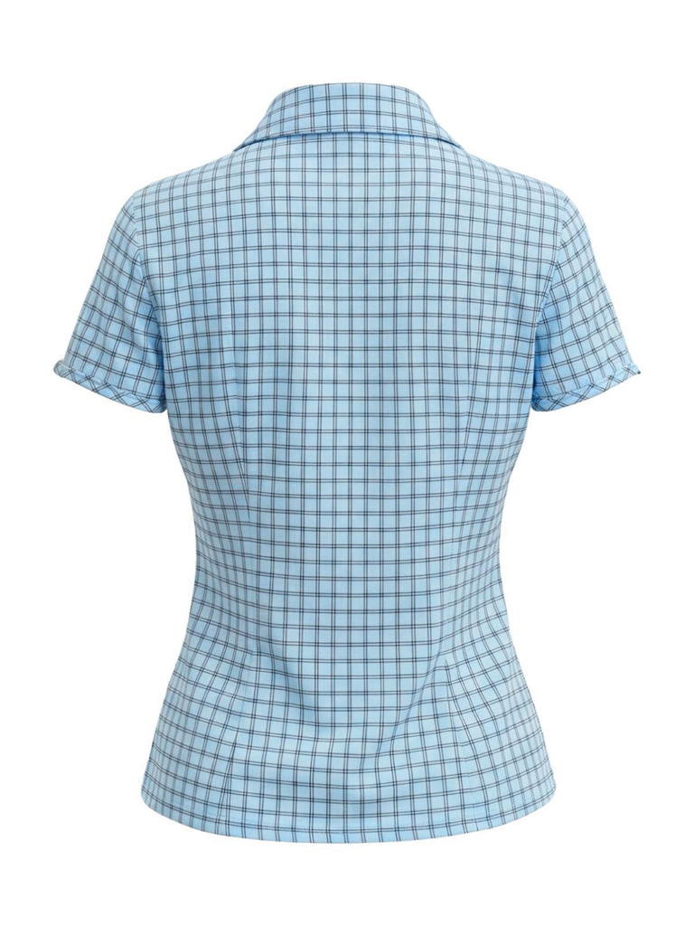 Light Blue 1950s Grid Check Lapel Collar Blouse - vintage fashion, retro style