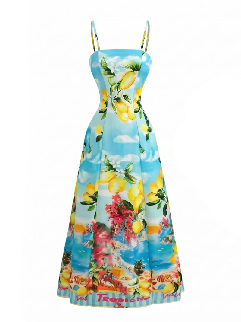Light Blue Lemon Floral Spaghetti Strap Maxi Dress