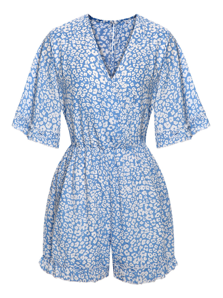 She finds her 1950s story in this Light Blue 1950s Leopard V-Neck Flounce Sleeve Romper