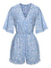 She finds her 1950s story in this Light Blue 1950s Leopard V-Neck Flounce Sleeve Romper