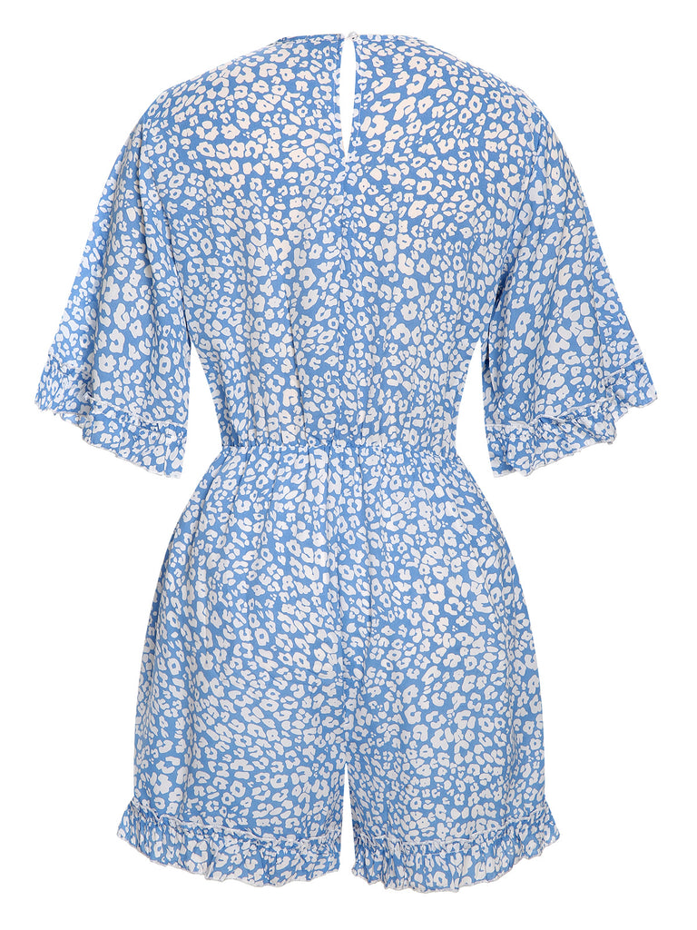 Light Blue 1950s Leopard V-Neck Flounce Sleeve Romper: timeless 1950s elegance she makes her own