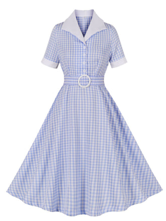 She slips into this Light Blue 1950s Plaid Belt Lapel Dress and suddenly it's a 1950s daydream
