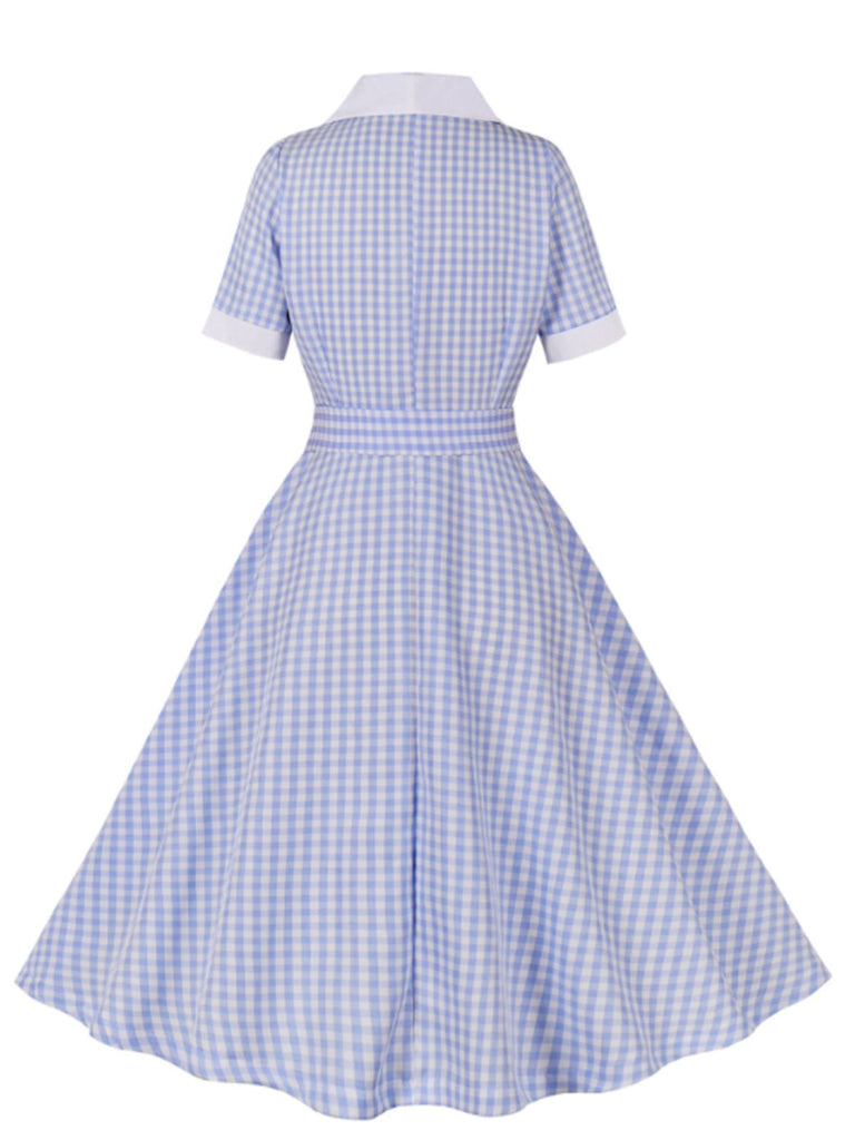Light Blue 1950s Plaid Belt Lapel Dress: where 1950s romance meets her modern spirit