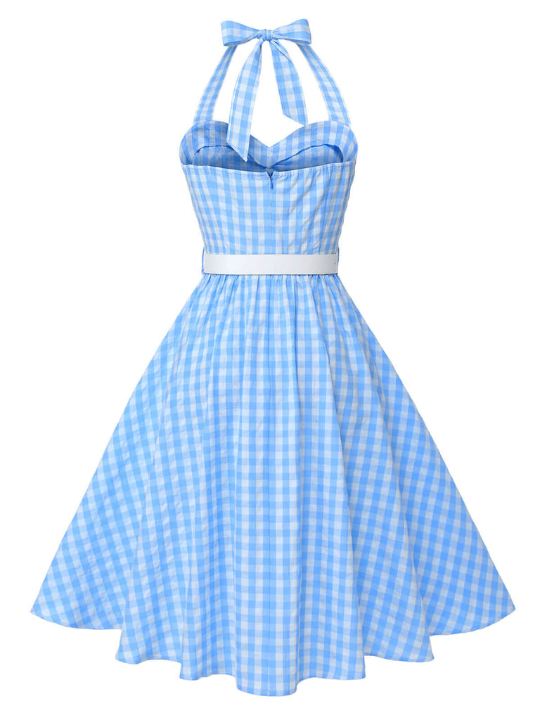 Linen Fabric Vintage Women 1950s Rockabilly Swing Dress Pinup 50s Retro Blue Gingham Halter A-Line Dresses Linen Fabric Vintage Women 1950s Rockabilly Swing Dress Pinup 50s Retro Blue Gingham Halter A-Line Dresses