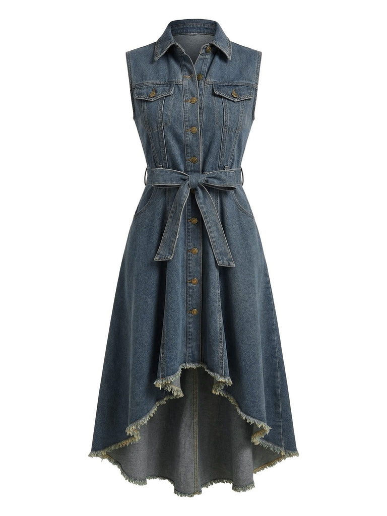 Denim dress with a belt on a white background