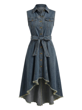 Denim dress with a belt on a white background