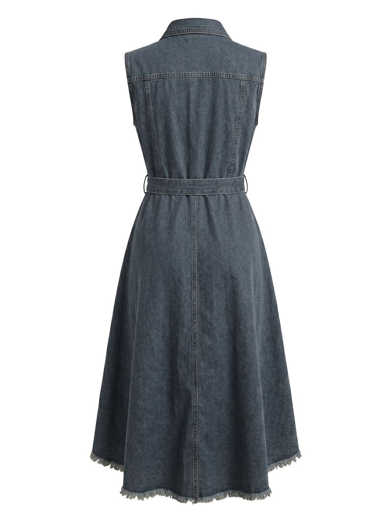 Light Blue 1950s Sleeveless High-Low Hem Denim Dress
