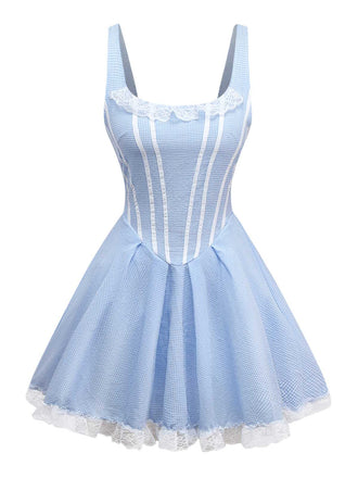 Light Blue 1950s Slip Gingham Lace Dress - vintage dress, retro fashion, rockabilly