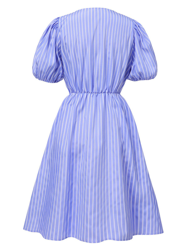 Light Blue 1950s Striped Bow Lace-Up Dress: where 1950s romance meets her modern spirit