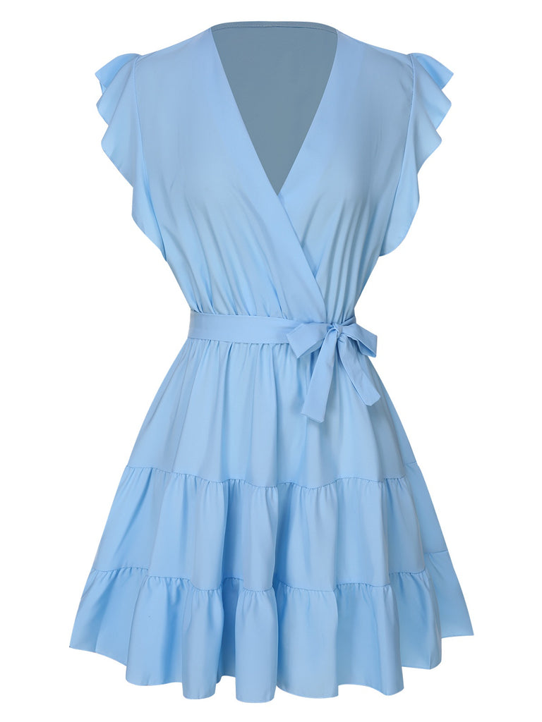 She slips into this Light Blue 1950s V-Neck Ruffle Sleeves Dress and suddenly it's a 1950s daydream