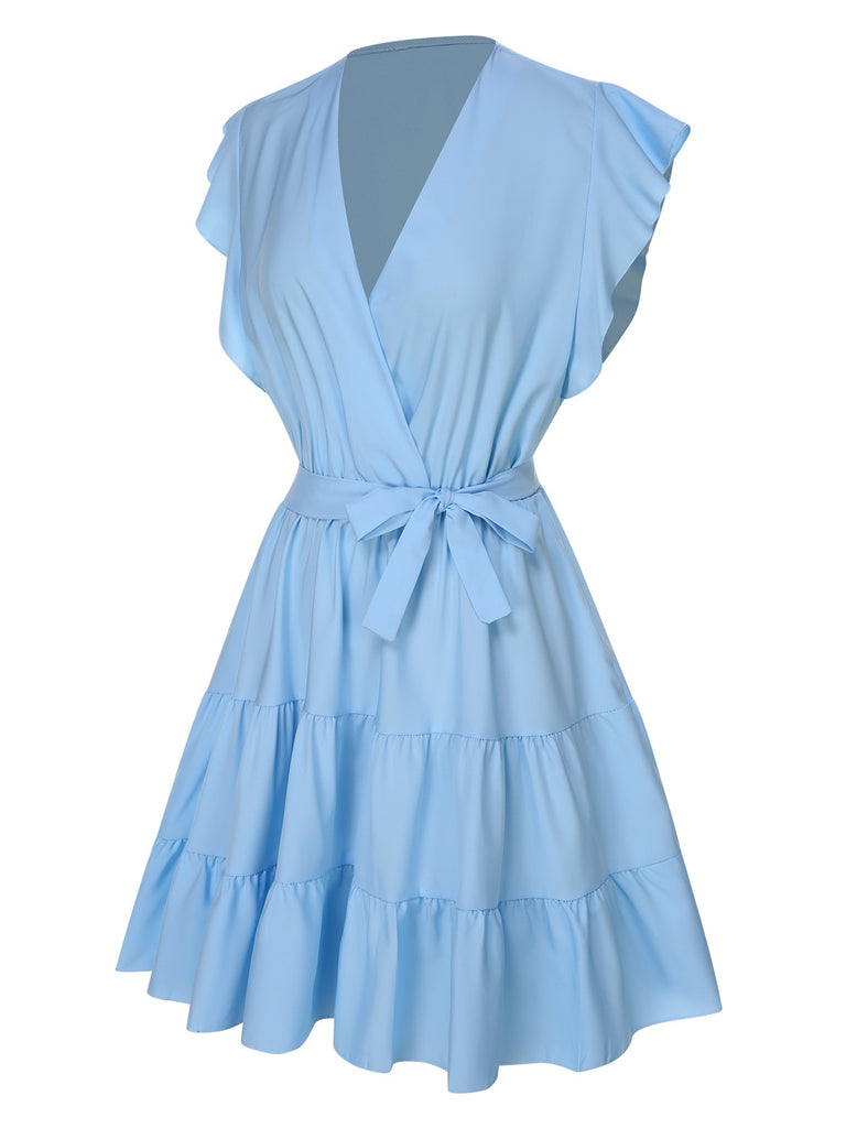 Light Blue 1950s V-Neck Ruffle Sleeves Dress, vintage dress, retro fashion, rockabilly, pin-up fashion - perfect for women who love vintage and retro fashion
