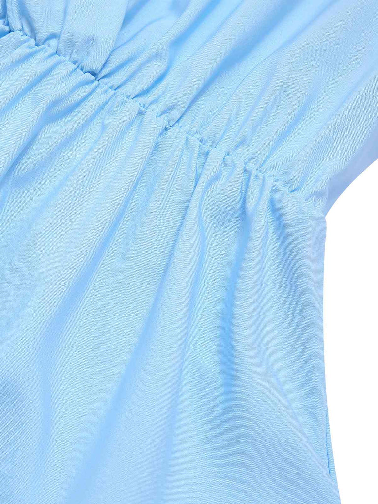 Light Blue 1950s V-Neck Ruffle Sleeves Dress, vintage dress, retro fashion, rockabilly, pin-up fashion - perfect for women who love vintage and retro fashion