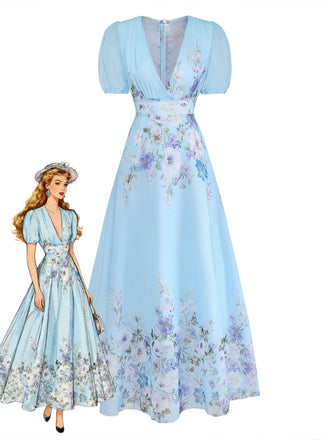 Light Blue 1950s Watercolor Floral Puff Sleeve Maxi Dress, vintage dress, retro fashion, rockabilly, pin-up fashion - perfect for women who love vintage and retro fashion