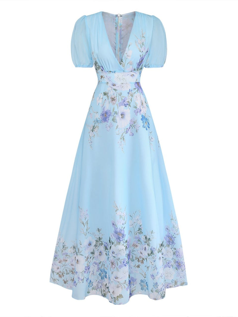 Light Blue 1950s Watercolor Floral Puff Sleeve Maxi Dress