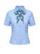 Light blue shirt with a decorative floral bow on a white background