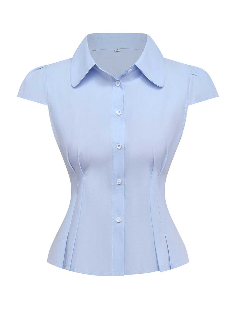 Light Blue 1970s Fitted Solid Blouse - vintage fashion, retro style