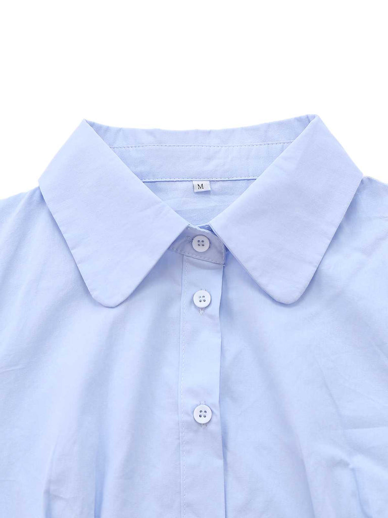 Light Blue 1970s Fitted Solid Blouse - vintage fashion, retro style