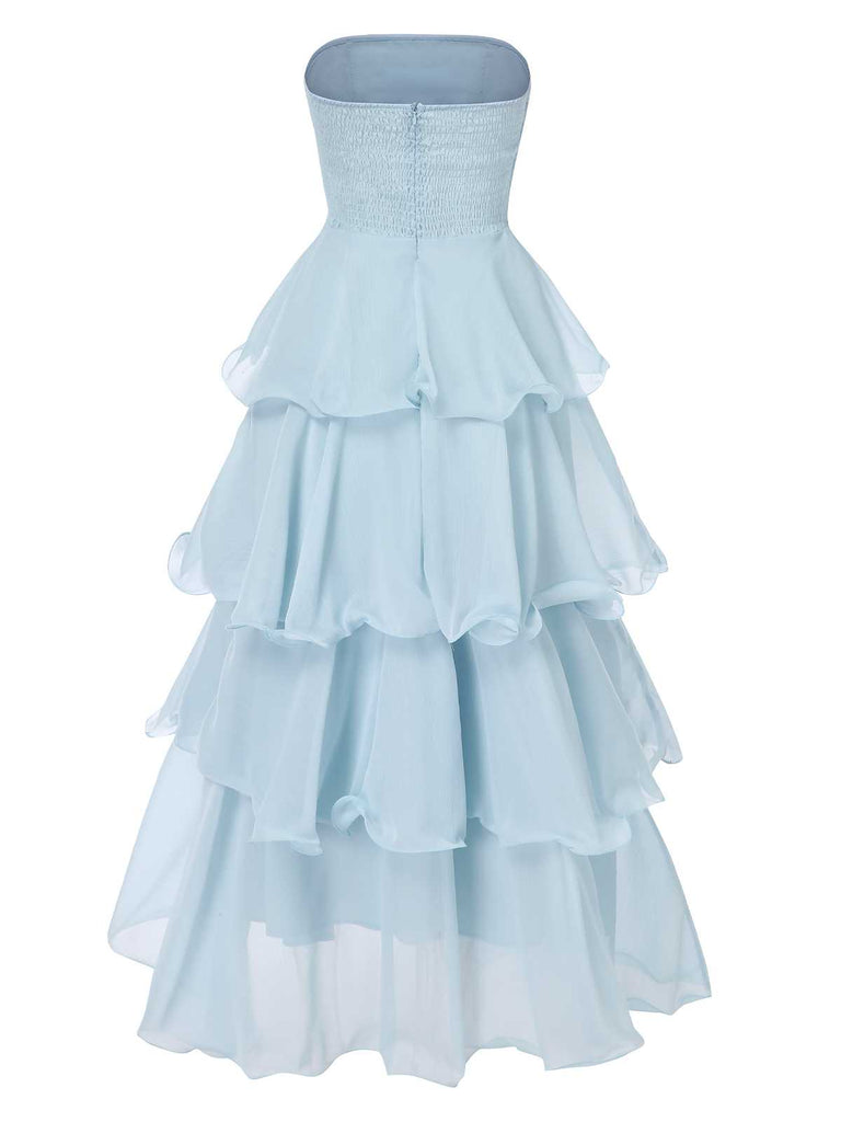 Light Blue 1970s Strapless Layered Ruffles Dress | Retro Stage Light Blue 1970s Strapless Layered Ruffles Dress | Retro Stage