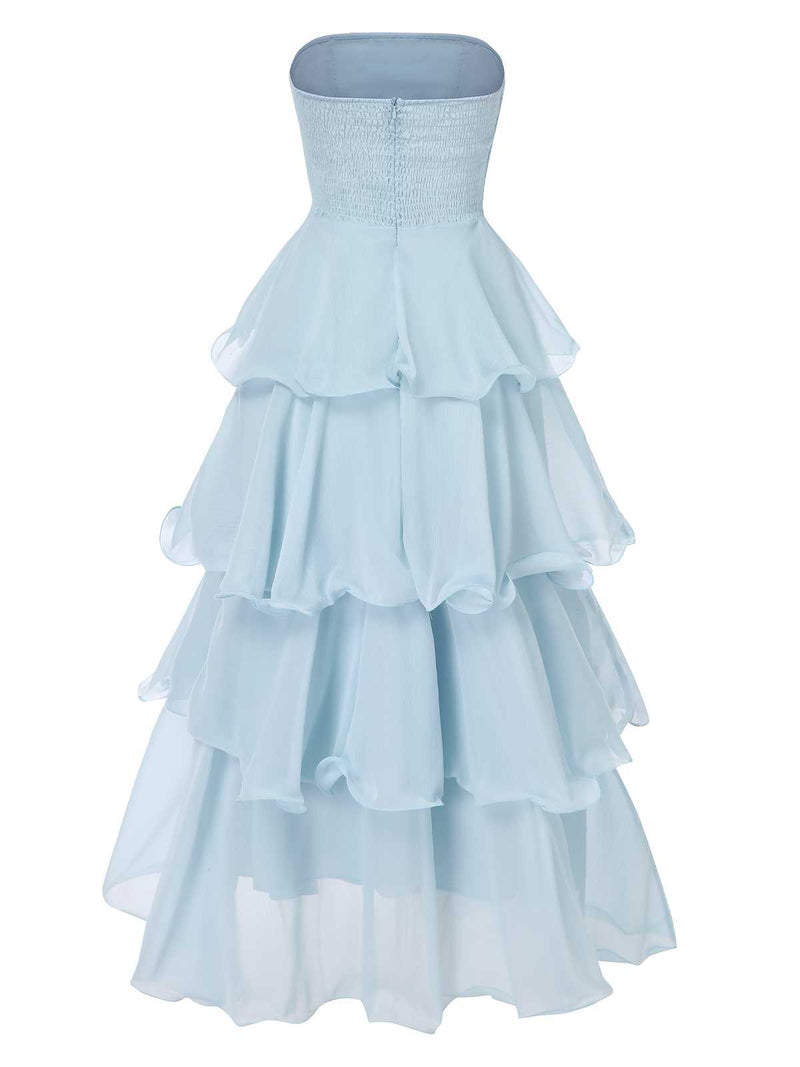 Women's Strapless Layered Ruffles Maxi Dress Wedding Guest Dress Light Blue