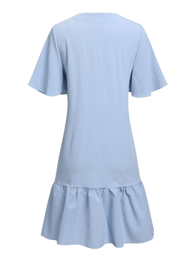Light Blue 1970s V-Neck Ruffle Hem Dress: where 1970s romance meets her modern spirit