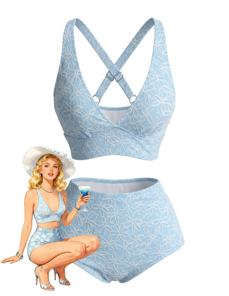 Elegant Light Blue 1980s Vintage Swimsuit 1