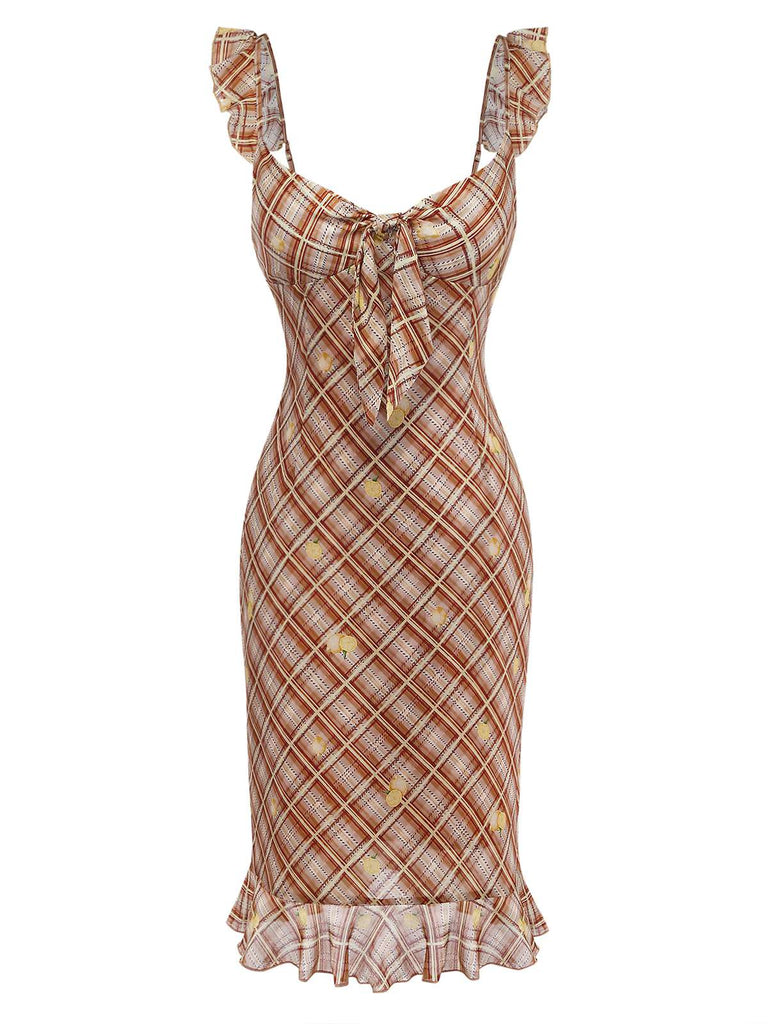 Light Brown 1960s Ruffle Plaid Lemon Pencil Dress: beautiful vintage dress, retro fashion, elegant style with timeless appeal
