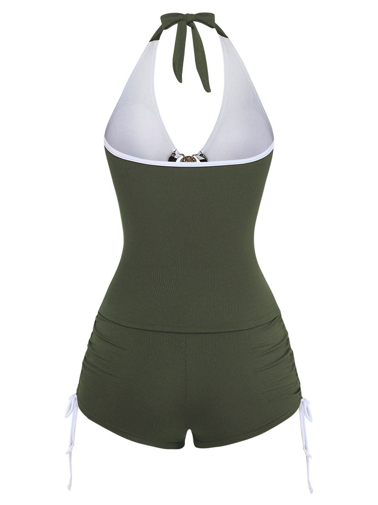 [Pre-Sale] Light Coffee 1950s Sleeveless Drawstring Shorts Bikini Set, vintage swimsuit, pin-up swimwear - perfect for women who love vintage and retro fashion