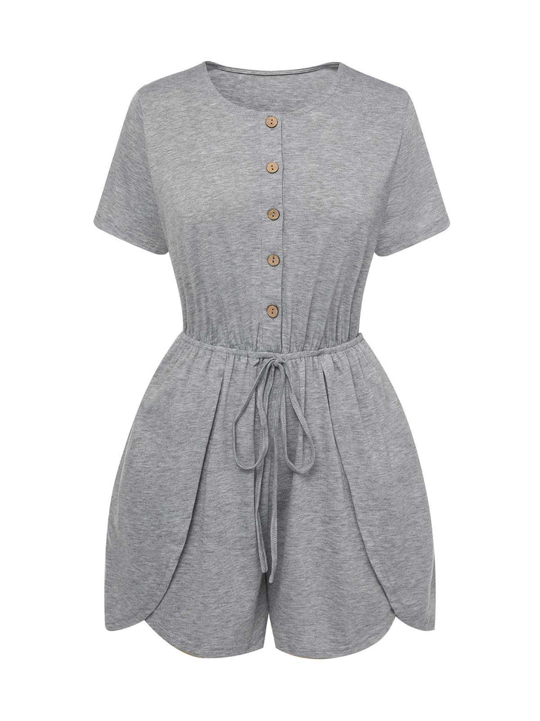 She finds her 1950s story in this Light Gray 1950s Round Neck Solid Romper