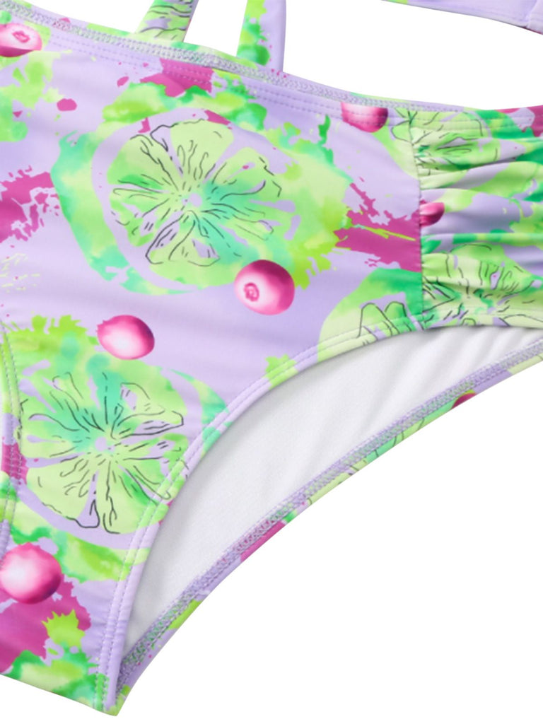 This Light Green 1940s Grape Ruffle Swimsuit carries 1940s vacation dreams in every stitch