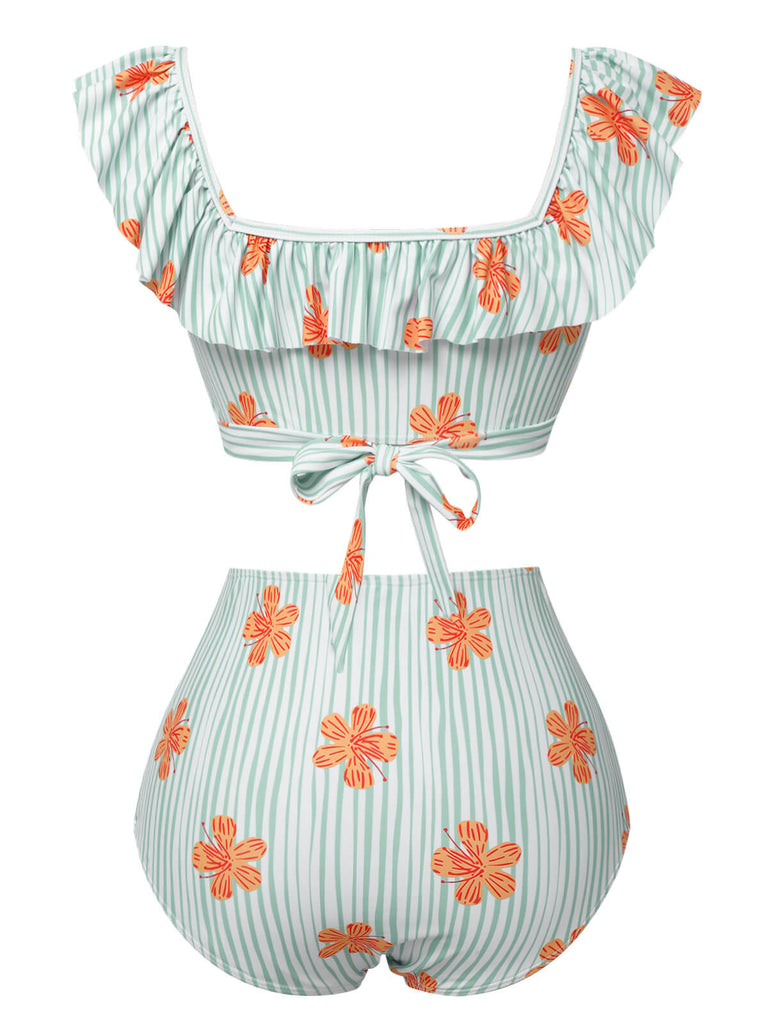 Light Green 1950s Floral Stripe Ruffle Swimsuit, vintage swimsuit, pin-up swimwear - perfect for women who love vintage and retro fashion