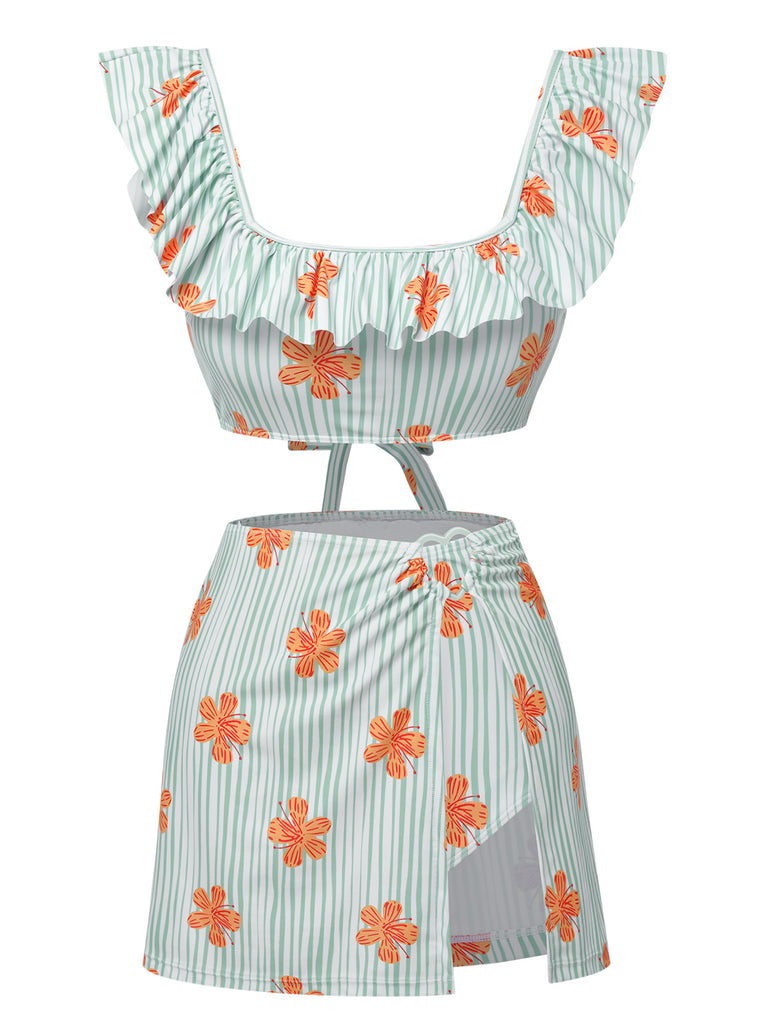 Light Green 1950s Floral Stripe Swimsuit & Skirt Cover-Up: 1950s Riviera elegance, reimagined for her