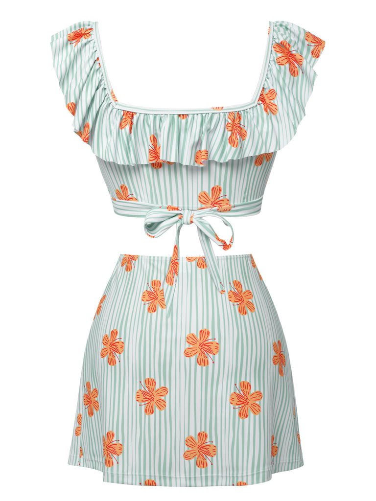 Light Green 1950s Floral Stripe Swimsuit & Skirt Cover-Up — because 1950s glamour never goes out of style