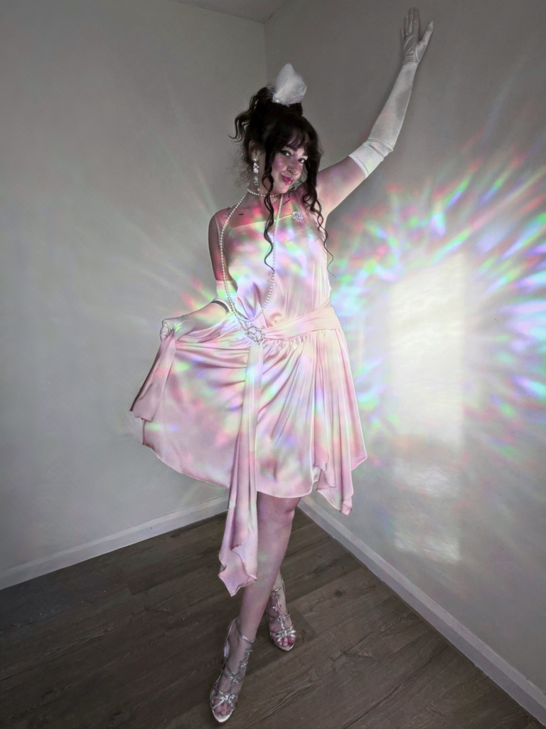 Light Pink 1920s Satin Square Neck Back Bow Dress - vintage dress, retro fashion, Gatsby party