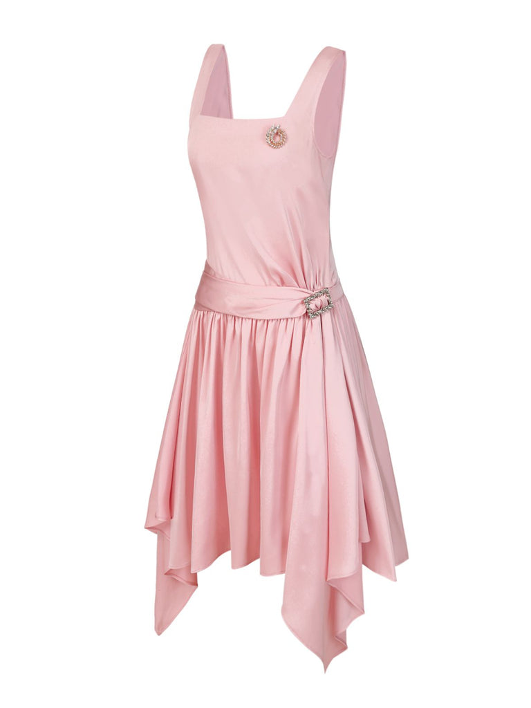 Light Pink 1920s Satin Square Neck Back Bow Dress | Retro Stage Light Pink 1920s Satin Square Neck Back Bow Dress | Retro Stage