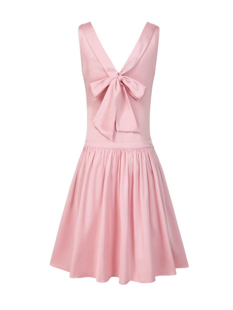 Light Pink 1920s Satin Square Neck Back Bow Dress | Retro Stage Light Pink 1920s Satin Square Neck Back Bow Dress | Retro Stage