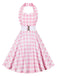 She slips into this Light Pink 1950s Halter Plaids Belted Dress and suddenly it's a 1950s daydream