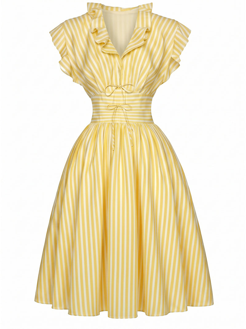 Retro Stage 1950s Pin up Ruffle Collar Tie Waist Stripe Swing Dress Light Yellow