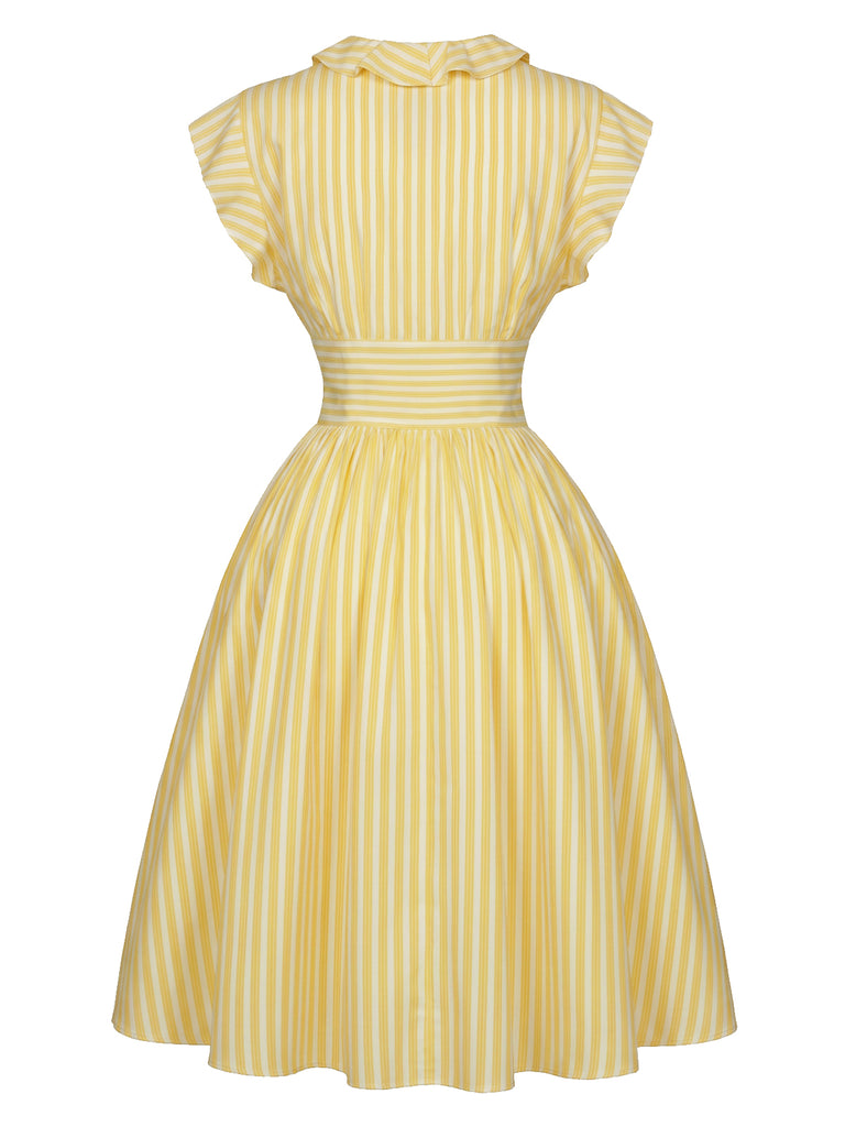 Light Yellow 1950s Stripe Ruffle Collar Tie Waist Dress, vintage dress, retro fashion, rockabilly, pin-up fashion - perfect for women who love vintage and retro fashion