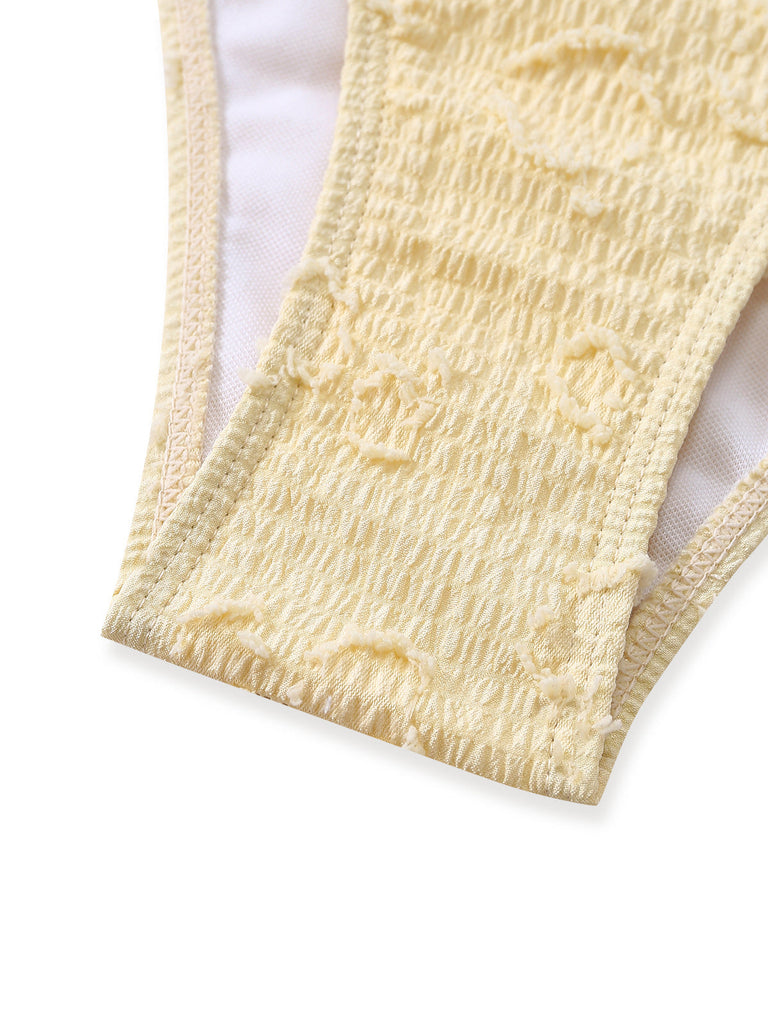 Light Yellow 1950s Textured Floral Halter Deep V Tankini Set bottom-view