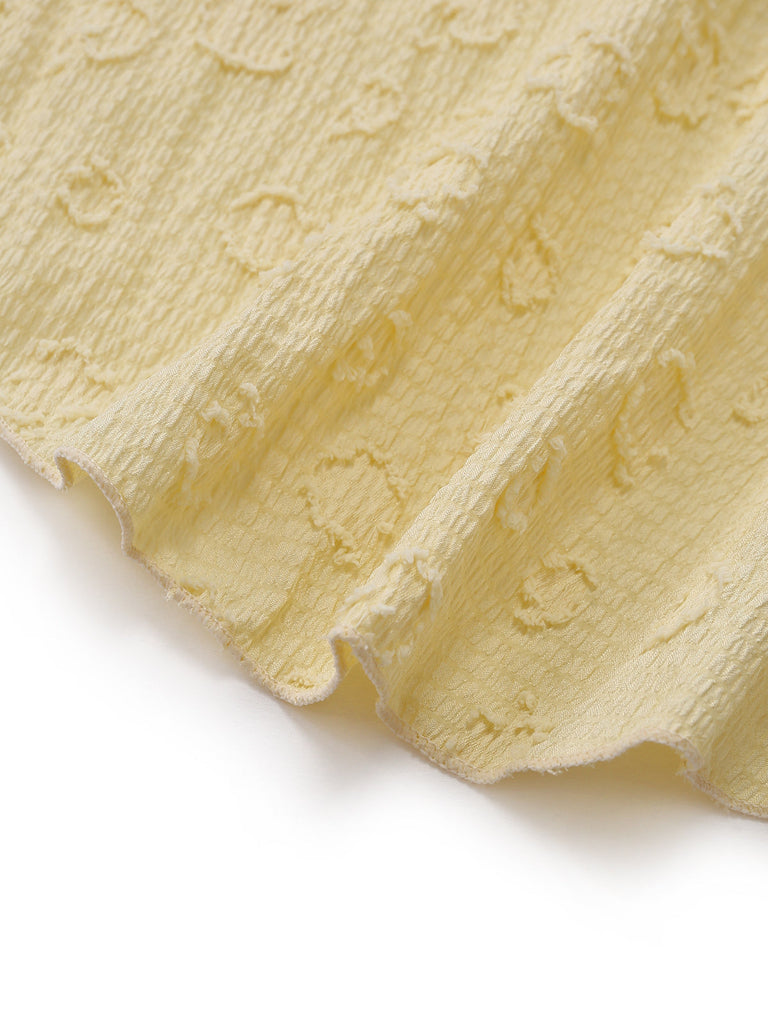 Light Yellow 1950s Textured Floral Halter Deep V Tankini Set fabric-closeup