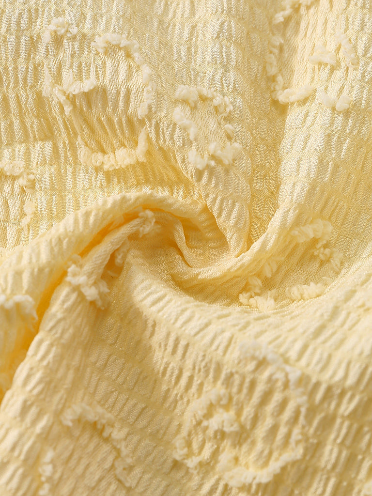 Light Yellow 1950s Textured Floral Halter Deep V Tankini Set fabric-detail