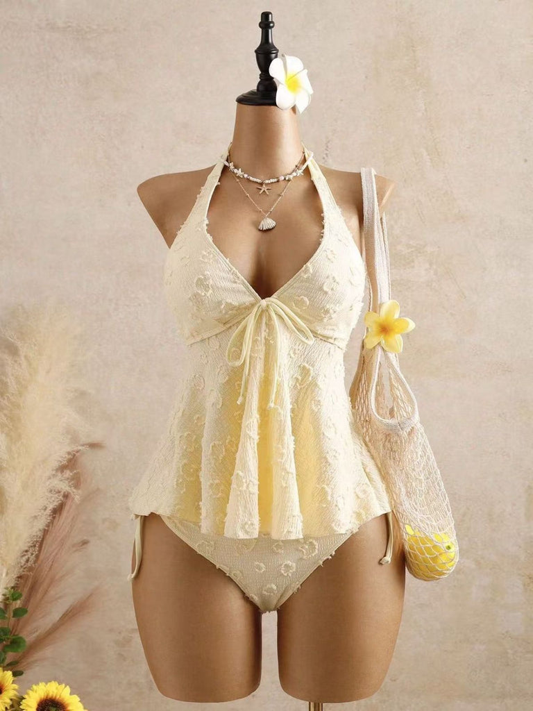 Light Yellow 1950s Textured Floral Halter Deep V Tankini Set