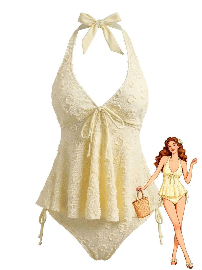 Light Yellow 1950s Textured Floral Halter Deep V Tankini Set
